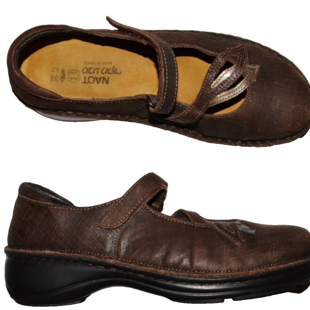 Naot Primrose Sz 7 M 38 Brown Textured Leather Cutouts Mary Jane Low Heel Shoes